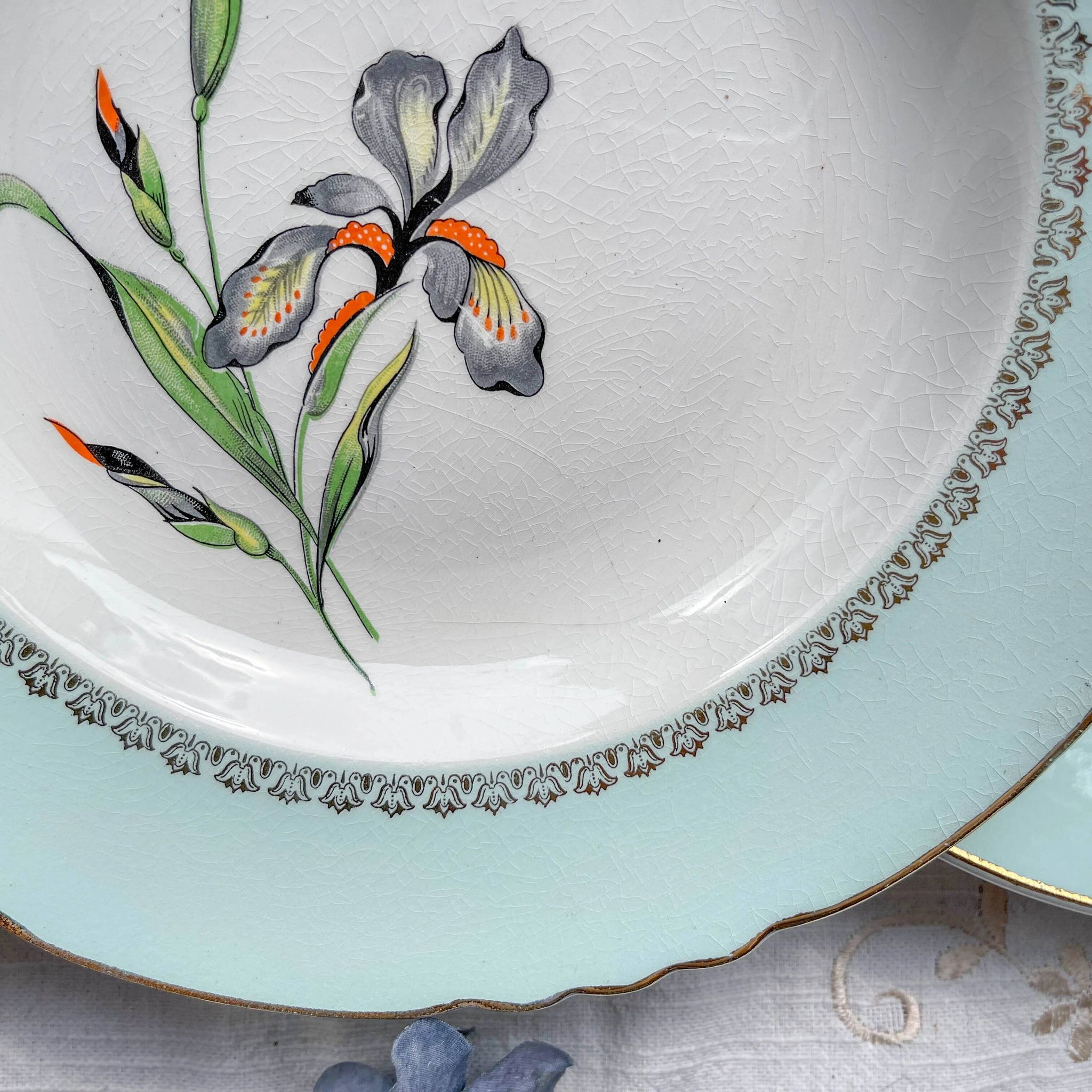 6 vintage white and green porcelain soup plates Iris Moulin des Loups "Sargosse" 1950s