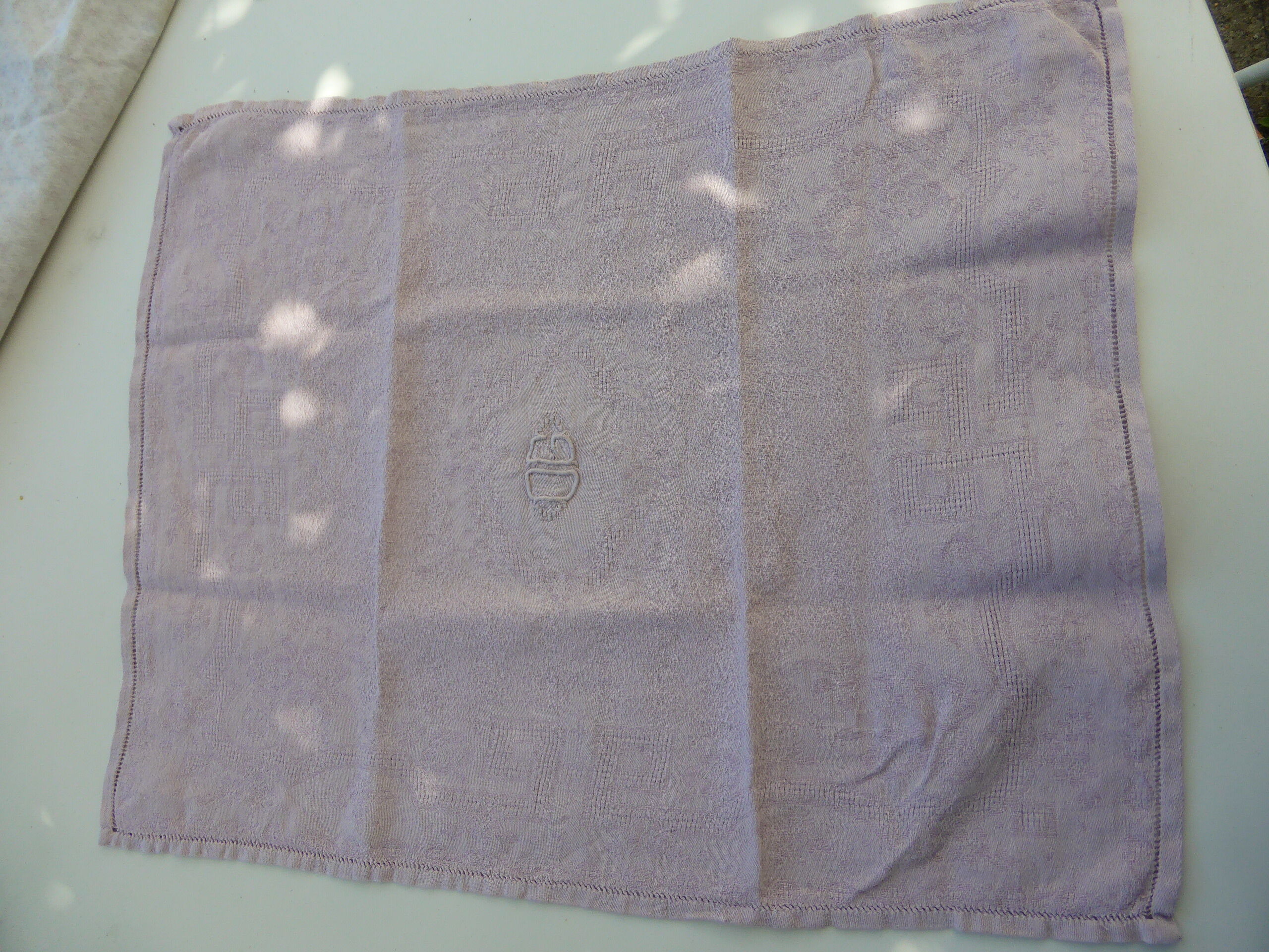 6 rectangular towels, damask cotton, Lilas tint and monogrammed OG, art deco