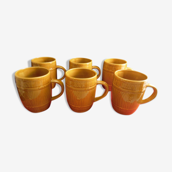 Service of 6 beer mugs or cider in faience of Gien faux wood decoration