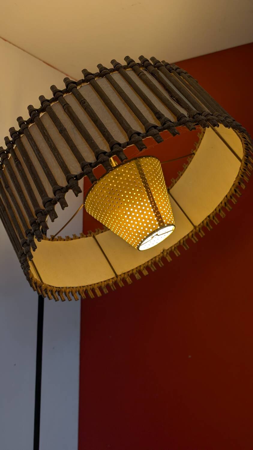 Lampadaire vintage - rotin et bambou - années 1950