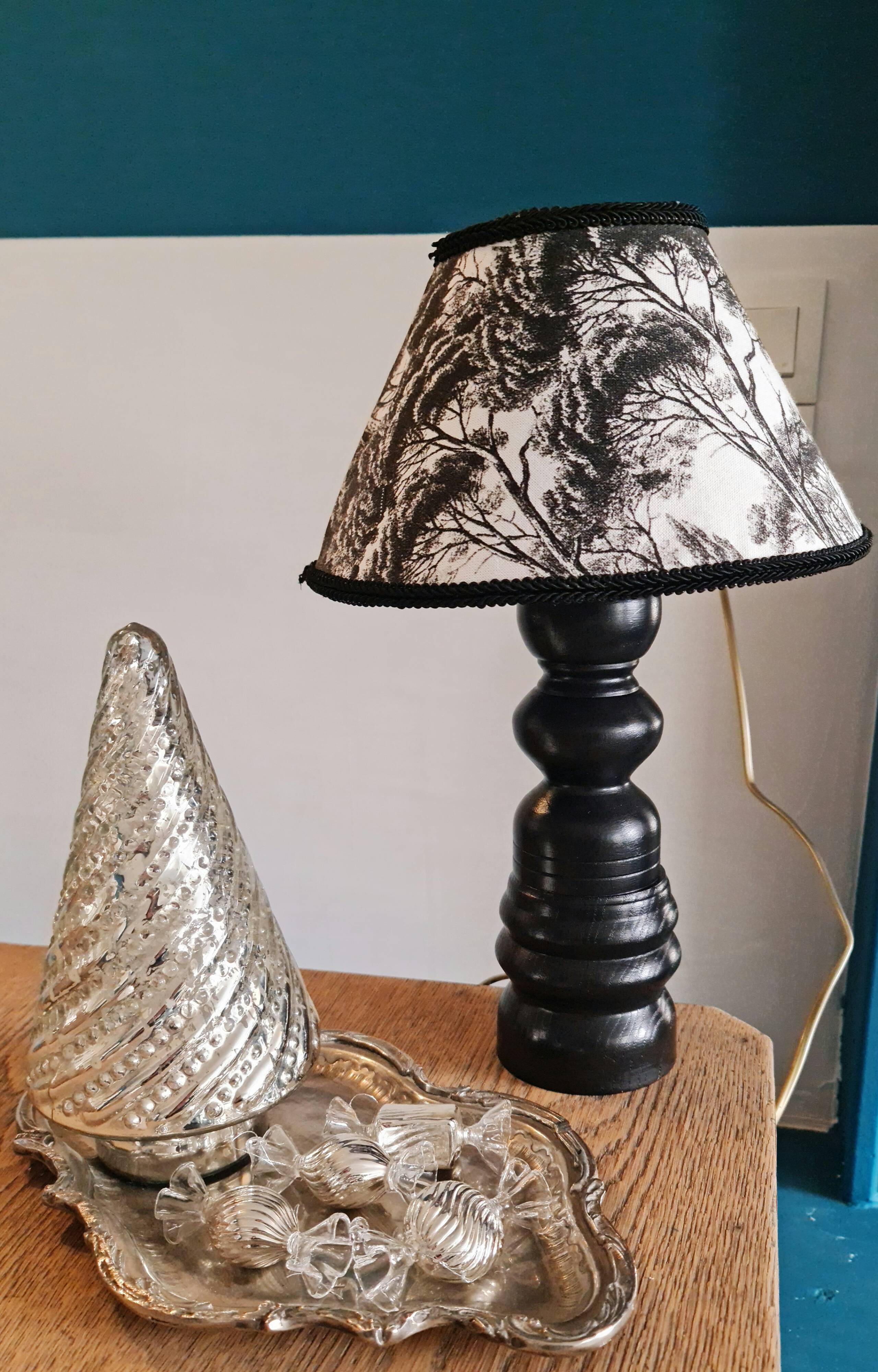 Table lamp foot wood made by cabinetmaker black abbat day cypress fabrics white and black