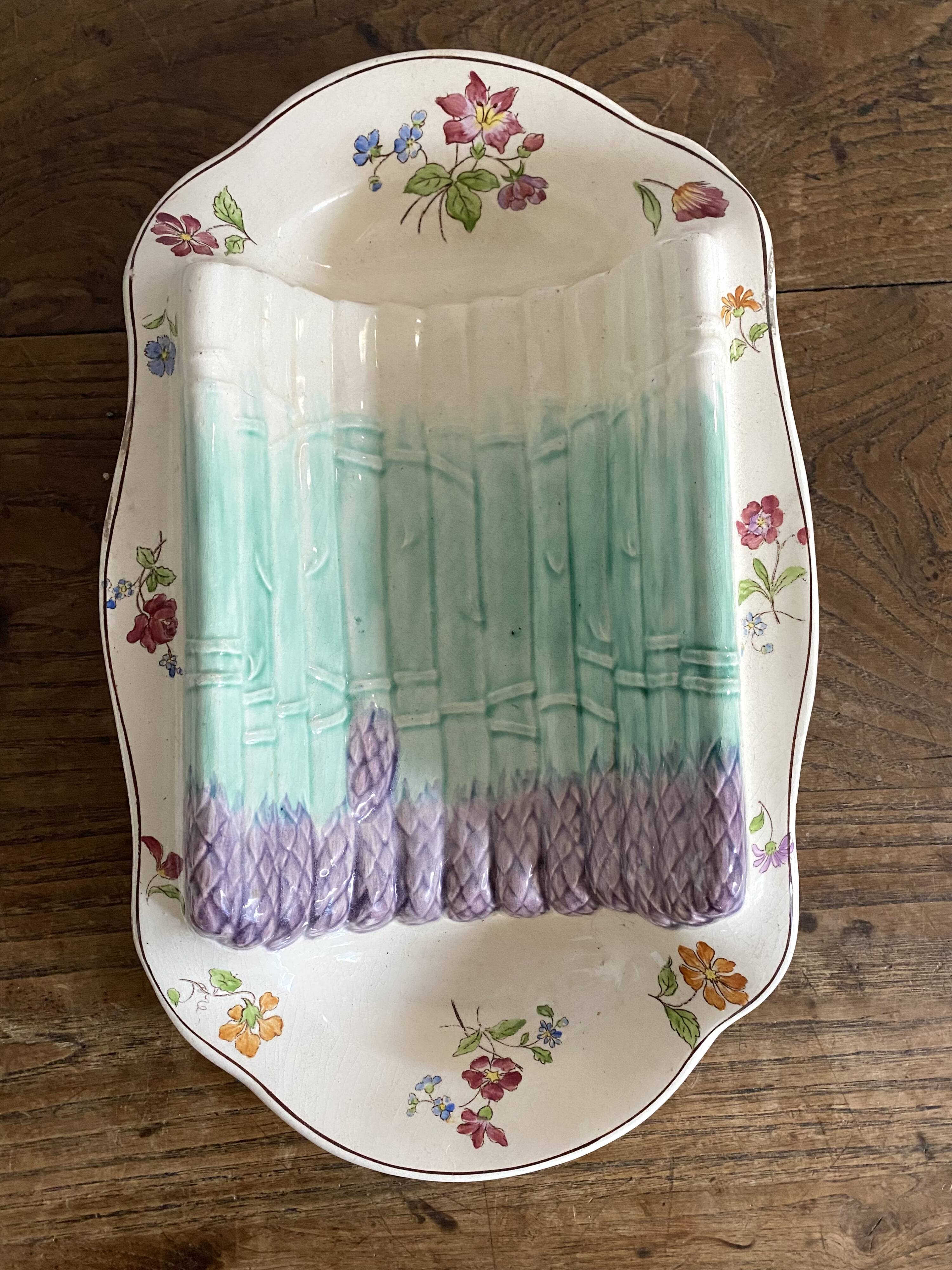 Longchamp asparagus dish in ironstone and slipware, 1900