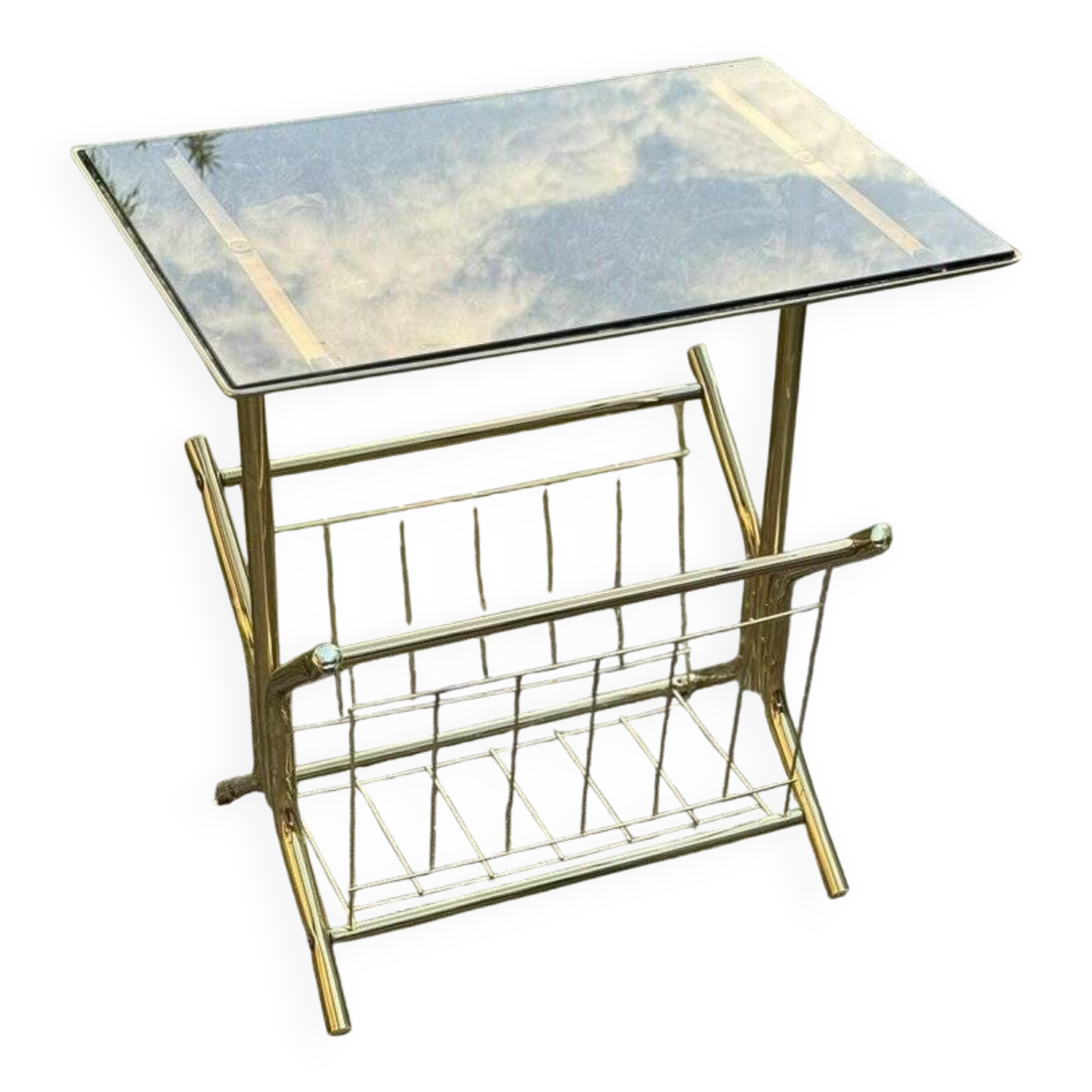 Mid-century modern brass and smoked glass side table with integrated magazine holder, 1970s