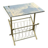 Mid-century modern brass and smoked glass side table with integrated magazine holder, 1970s