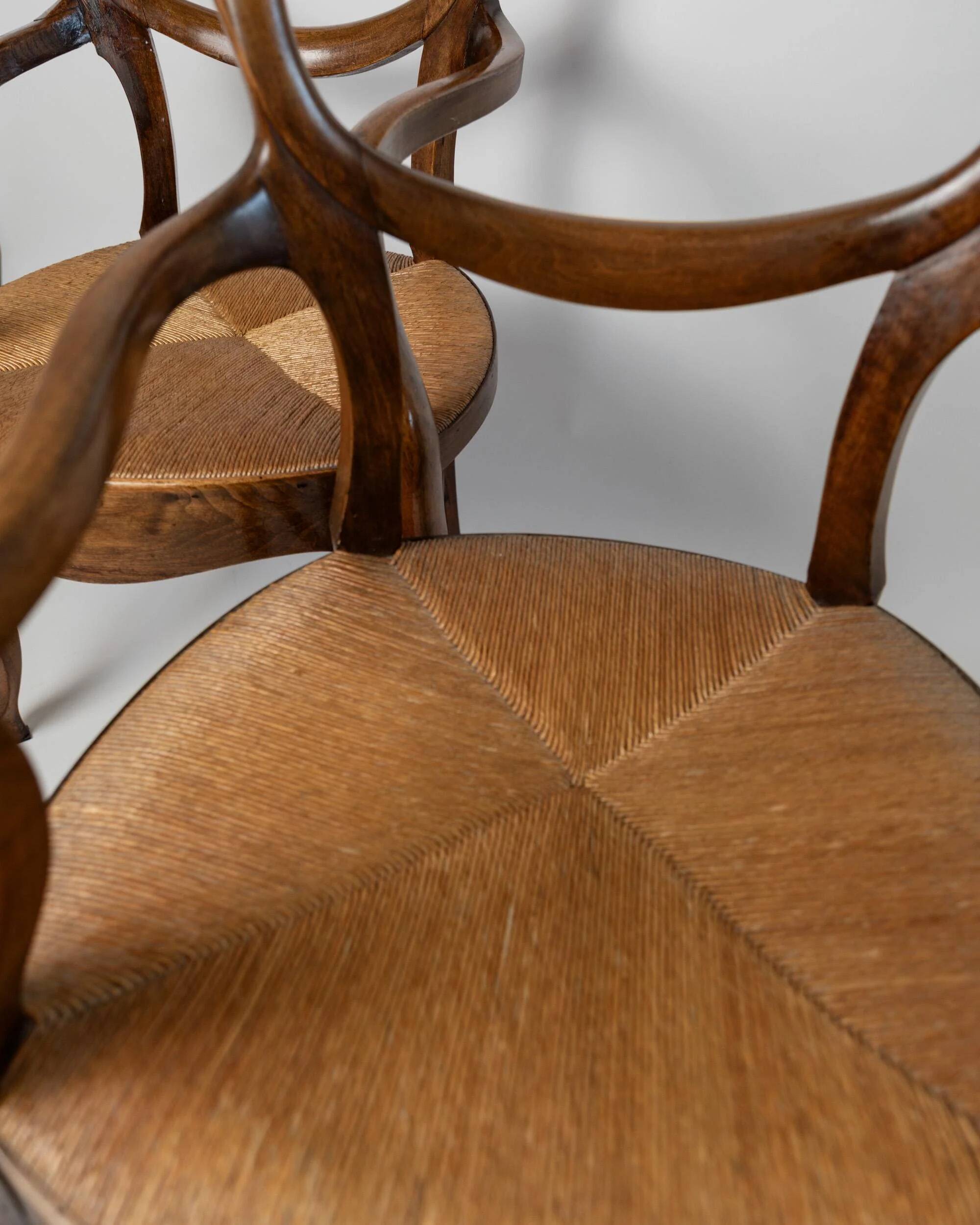 Vintage set of 2 Louis-Philippe armchairs from the 19th century, cherry wood chairs, hand-woven straw seats, antique Italian seat, elegant gift.