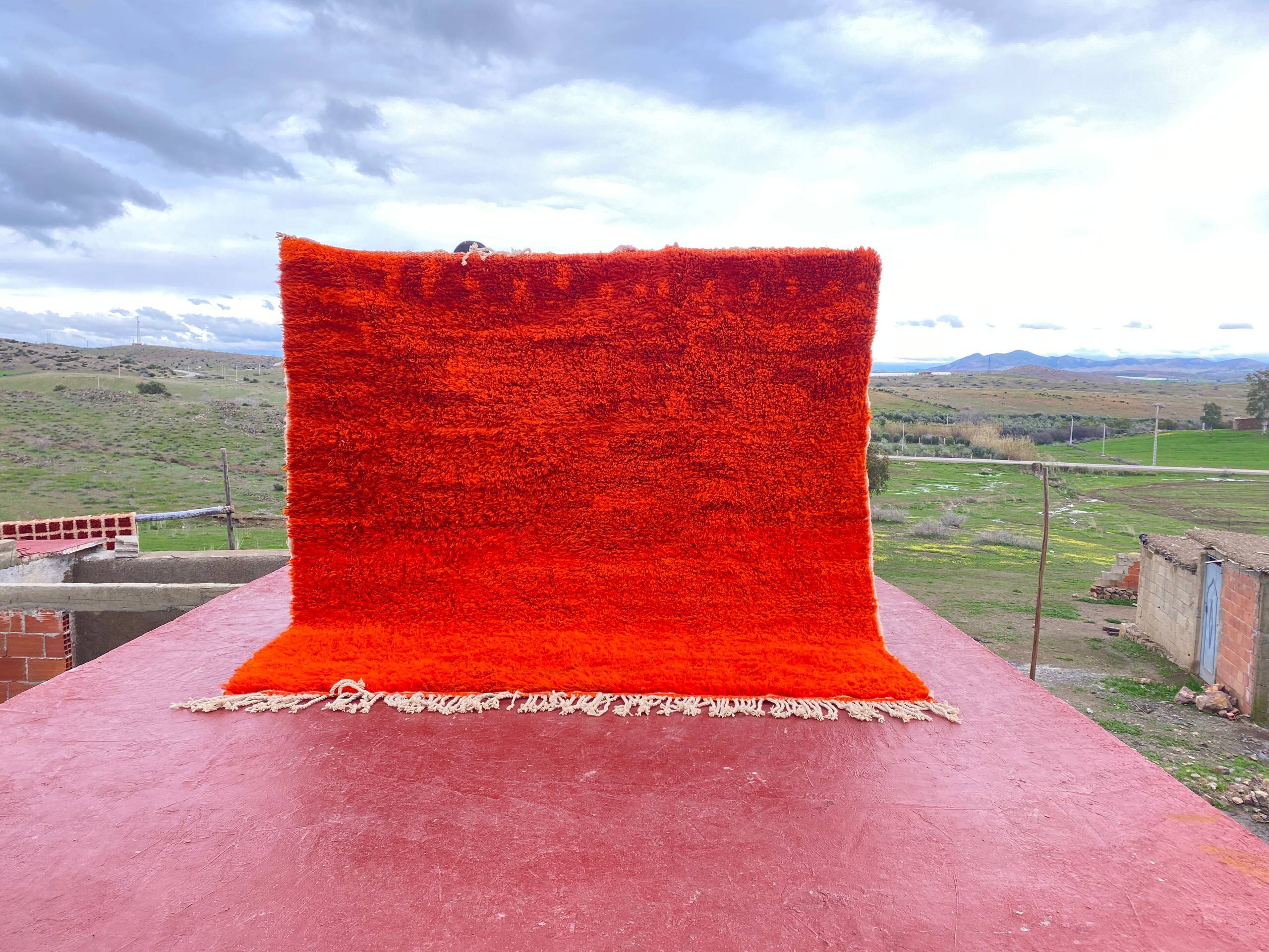 Large Beni Ouarain Rug 260x260 cm – Vibrant Orange Wool, Unique Piece