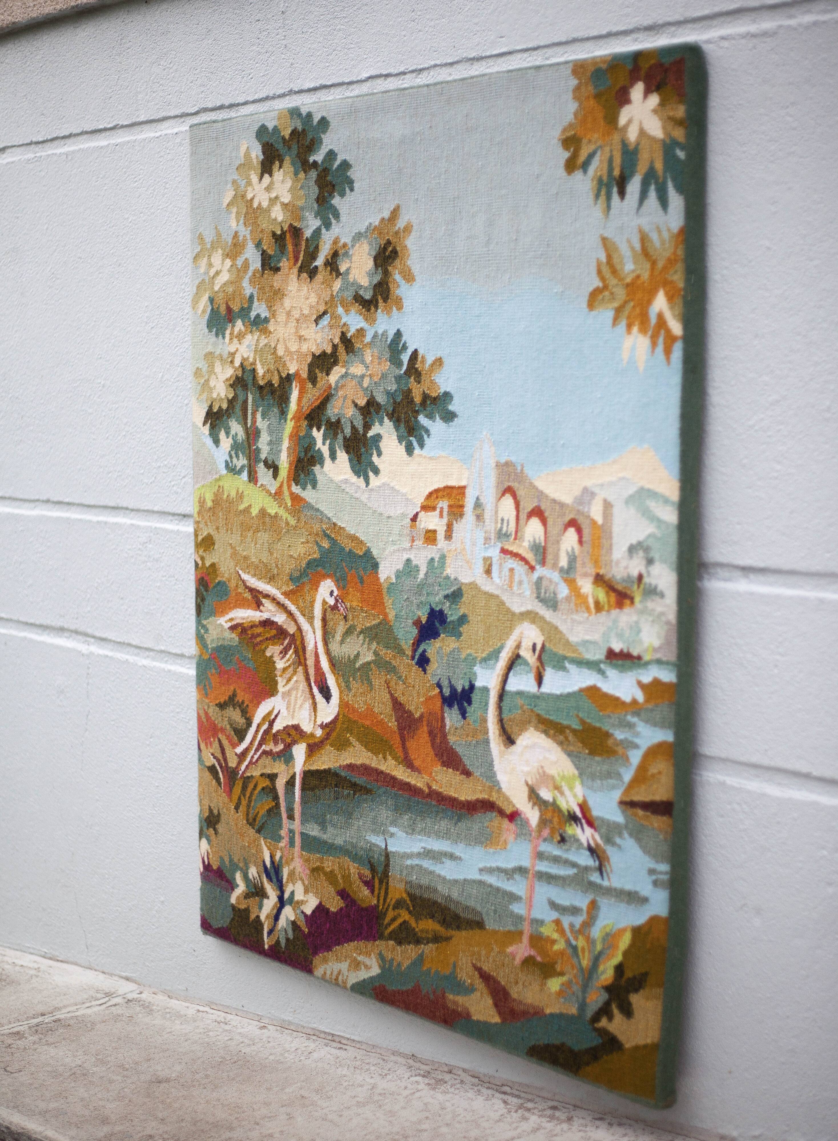 Tapisserie tunisienne tissé à la main 1er choix, paysage avec flamant