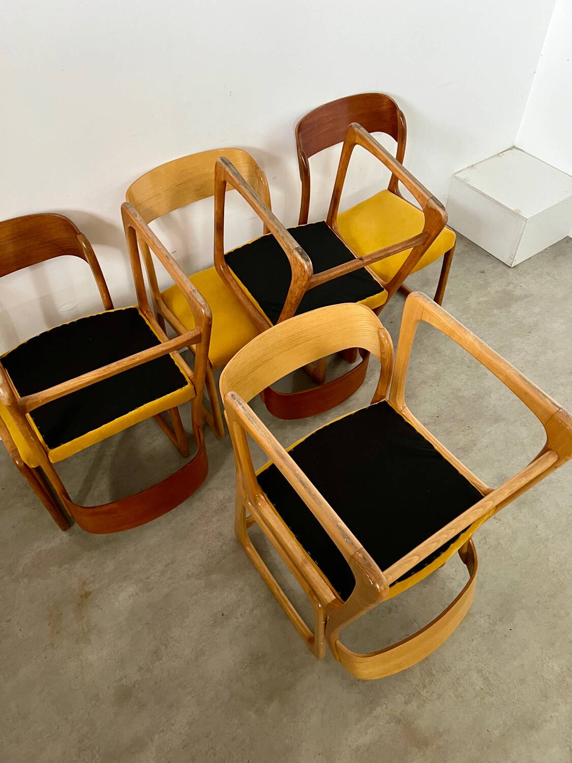 Set of 7 Baumann sled chairs in wood and mustard yellow fabric, 1960s