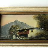 Oil painting on canvas from the 1940s, farm in the alps, not signed, with a wooden frame