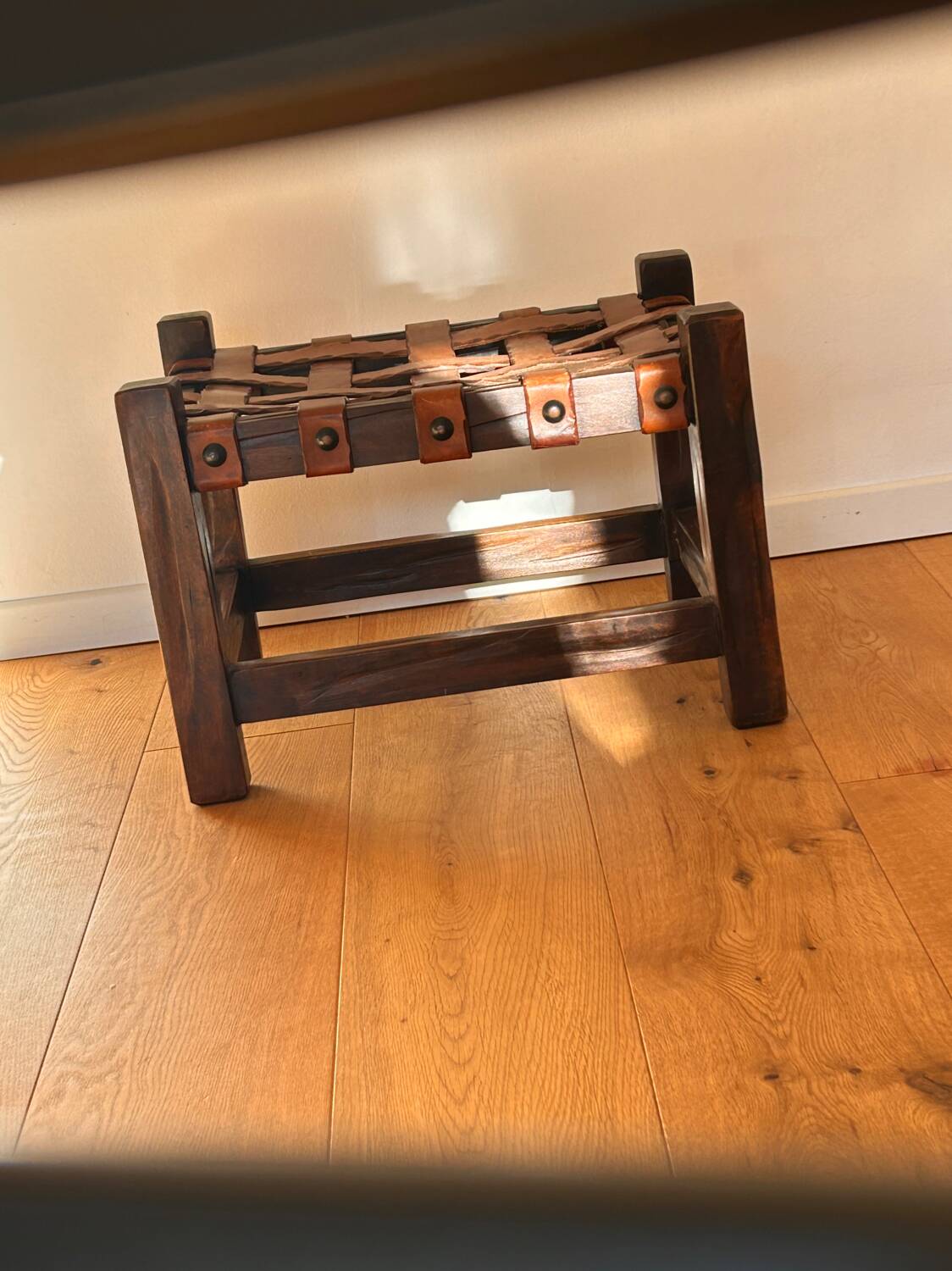 Wooden Brazilian Brutalist Leather Foot Stool Pouf