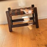 Wooden Brazilian Brutalist Leather Foot Stool Pouf