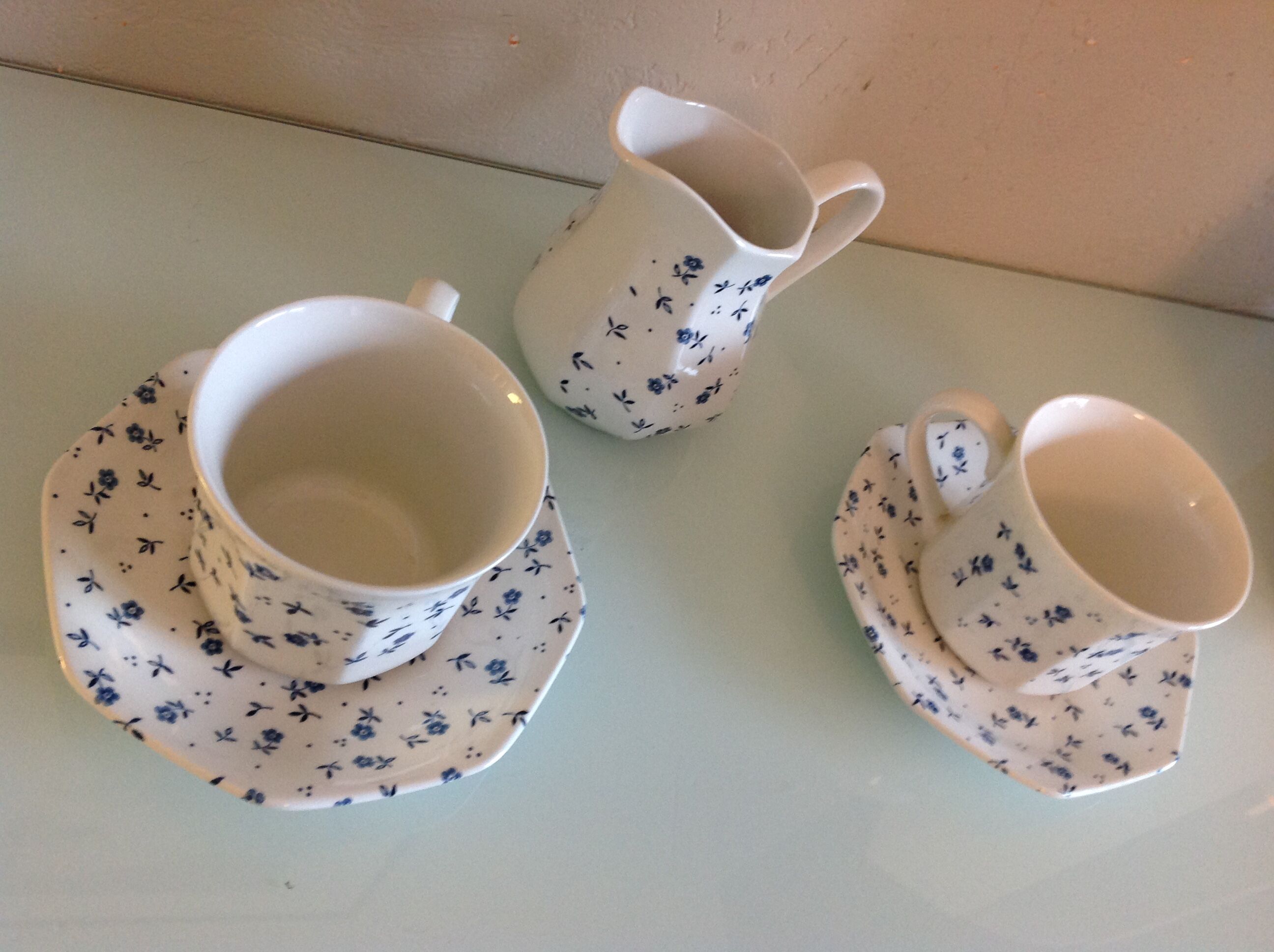 White ceramic tea set with blue flowers / vintage 70s