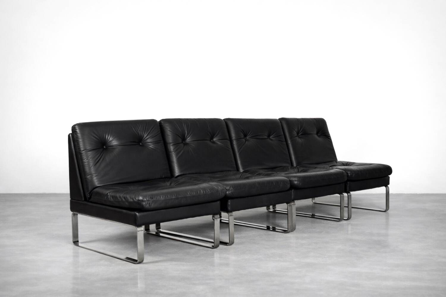 Vintage Mid-Century German Modern Minimalist Leather and Chrome Modular Sofa