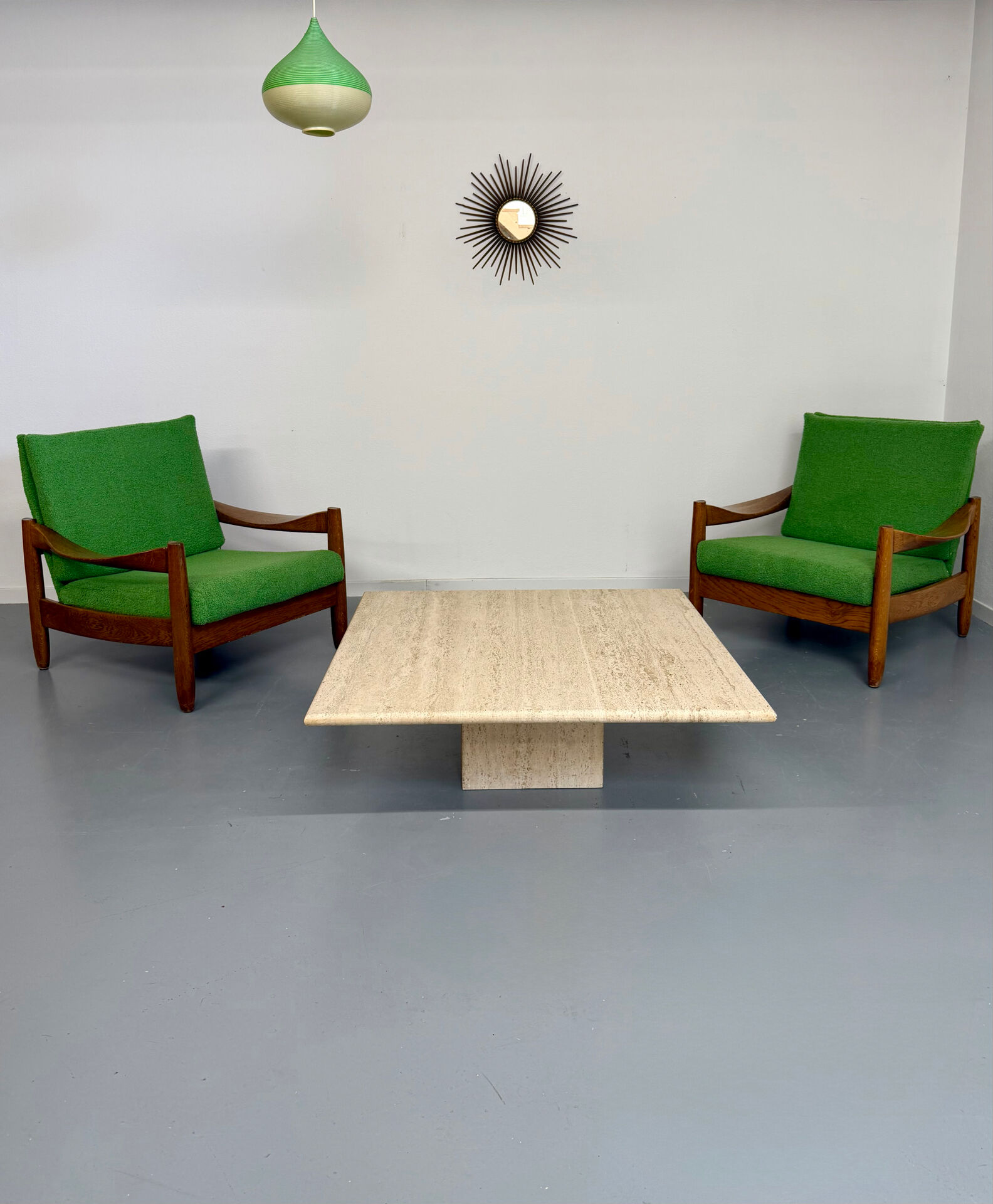 Lot of 2 vintage armchairs in solid oak with boucle fabric, Scandinavian design from the 70s.