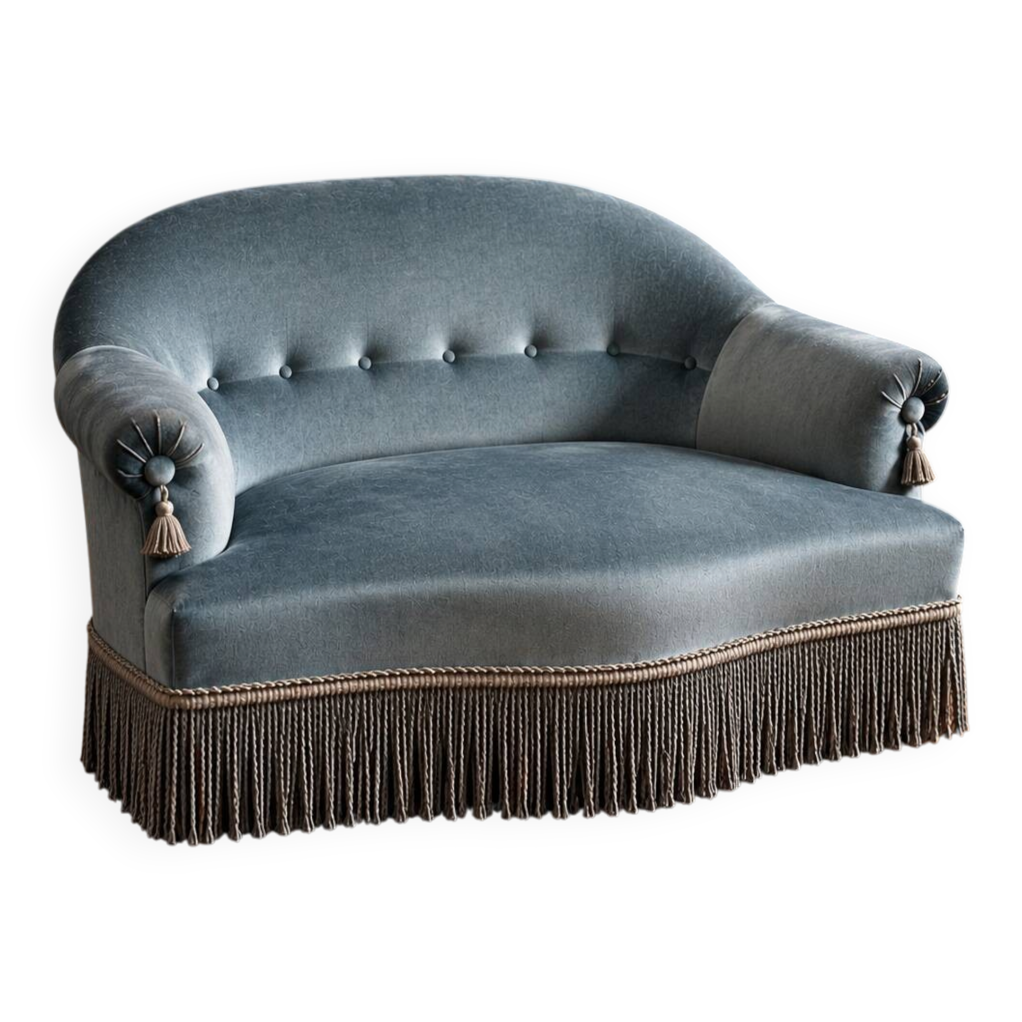 Small vintage boudoir sofa from the 70s in blue velvet with a boudoir spirit.
