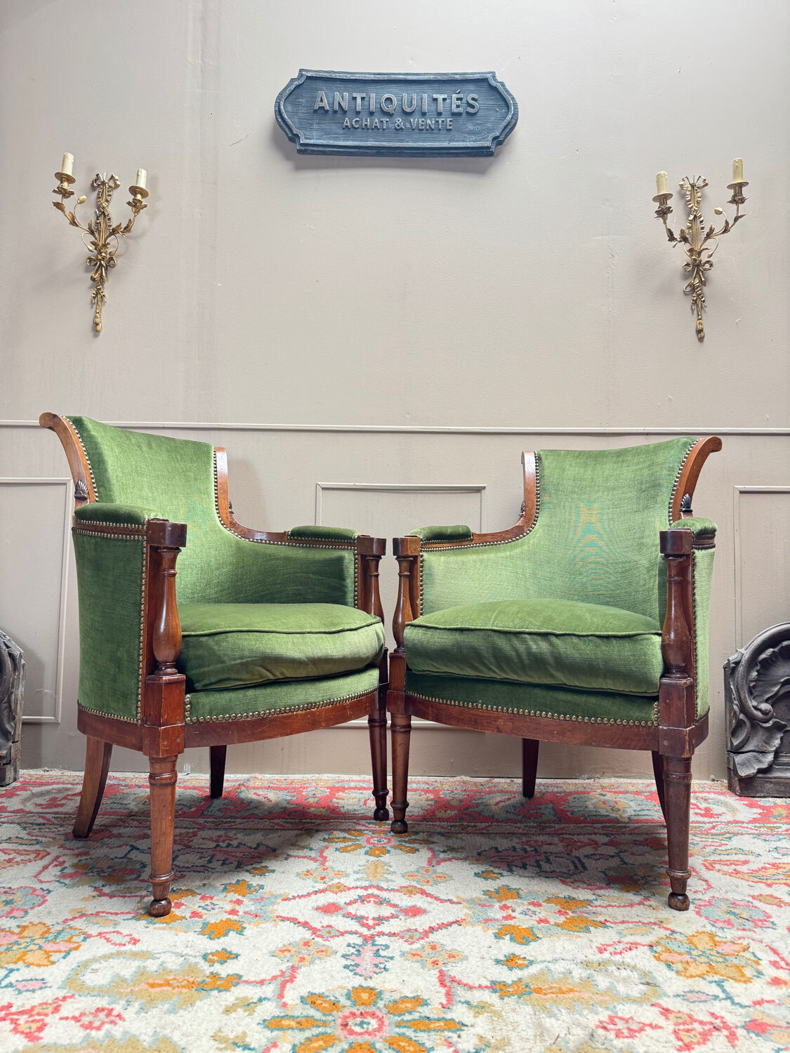 Pair of mahogany cabriolet bergère armchairs from the 18th-century Directoire period.