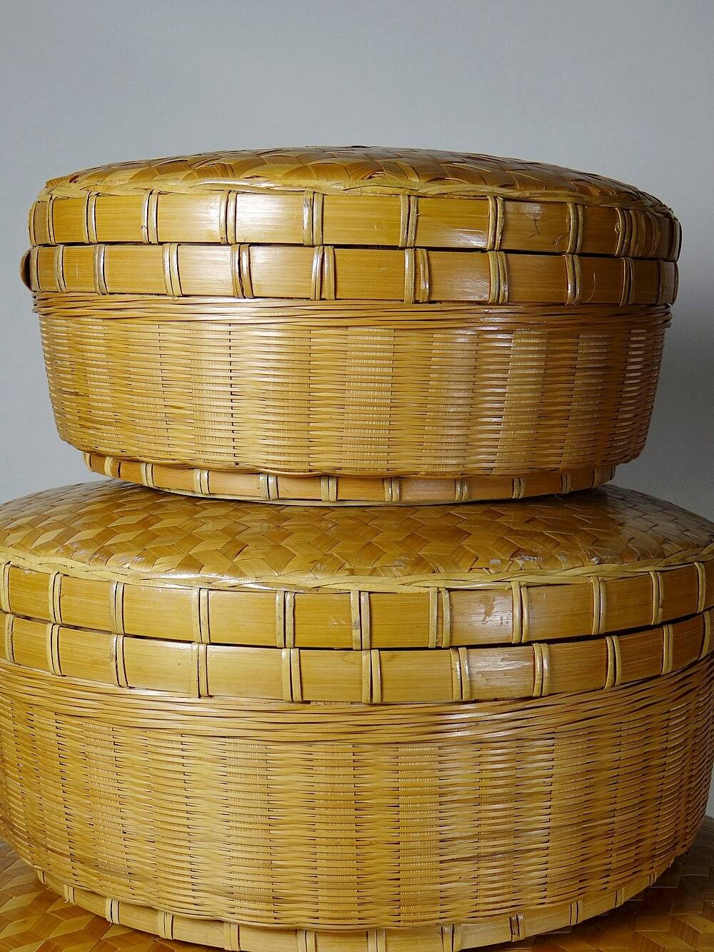 4 boîtes gigognes en bambou tressé, artisanat asiatique vintage