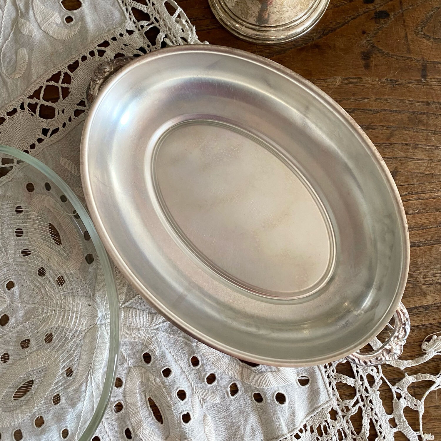 Oval silver-plated metal and glass dish