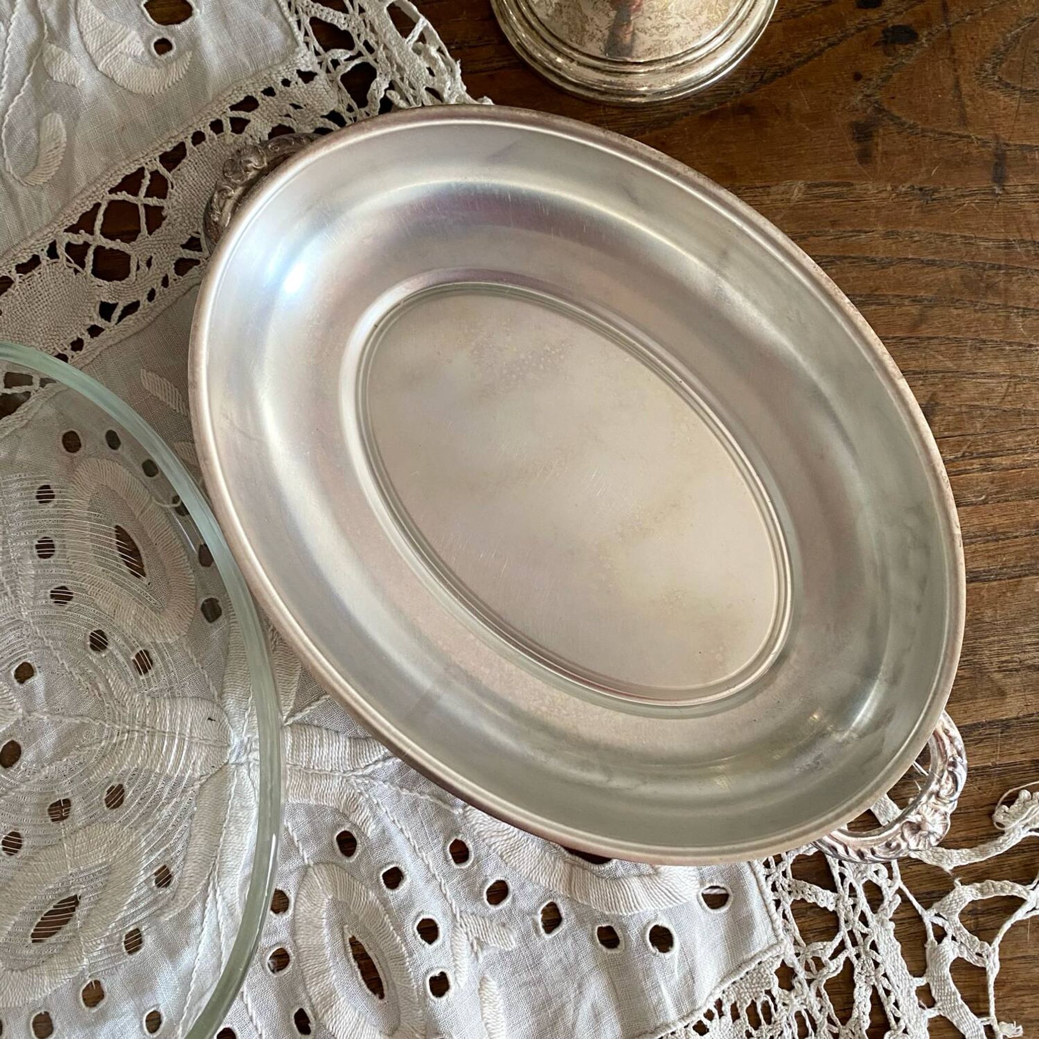 Oval silver-plated metal and glass dish