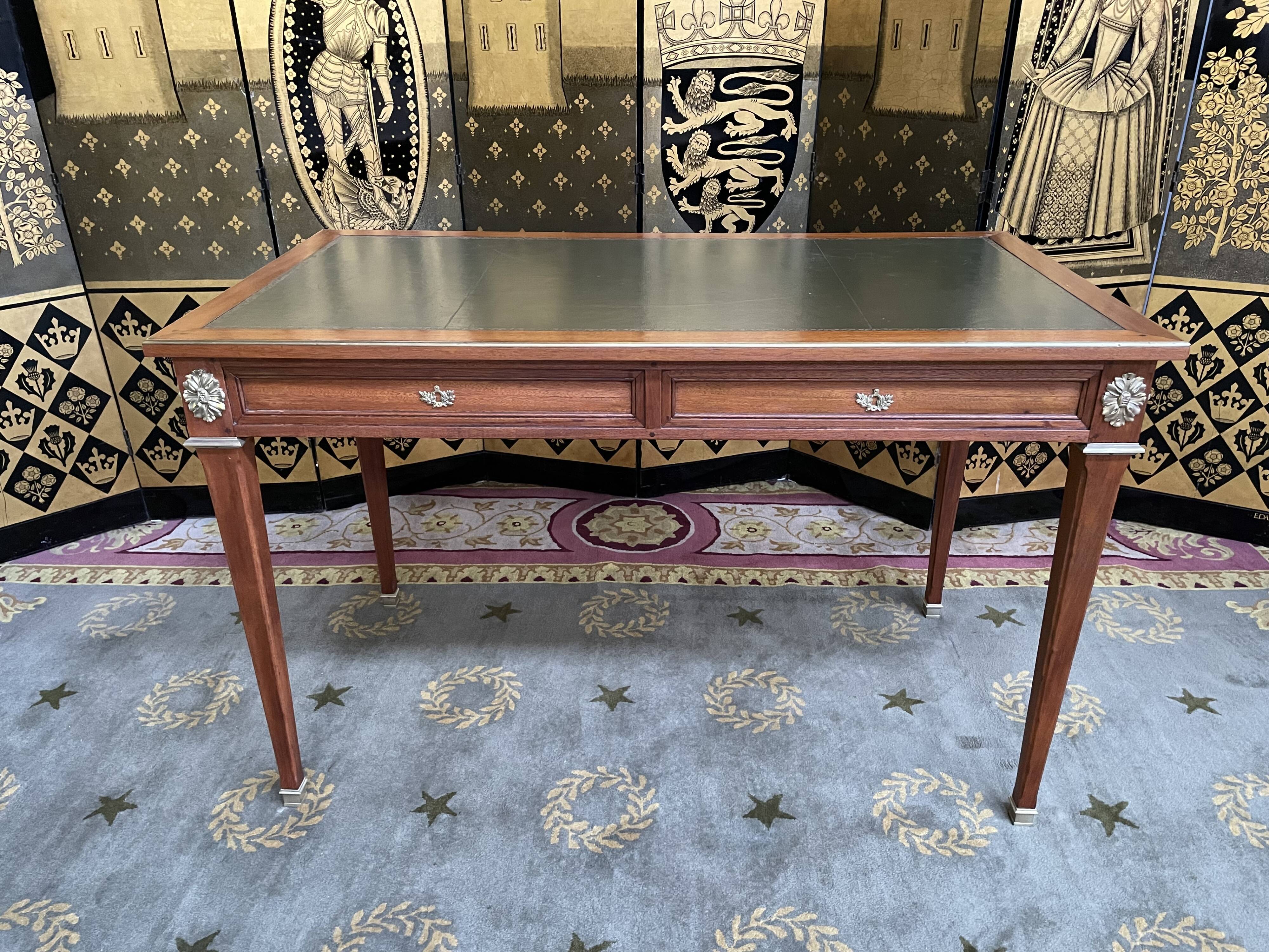 Flat desk in mahogany and leather style Louis XVI restored