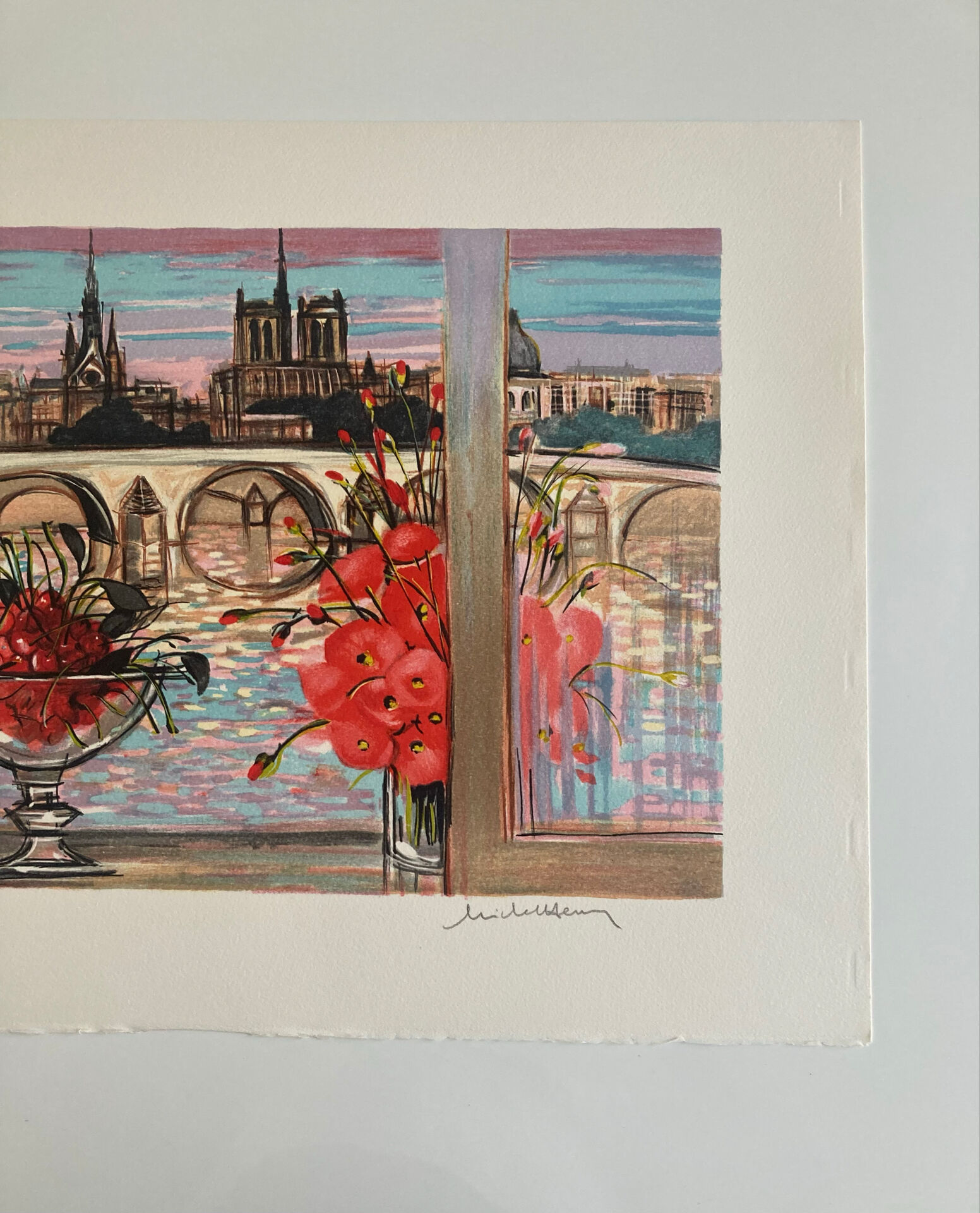 Lithograph signed by Michel Henry - The Institute and Notre Dame de Paris
