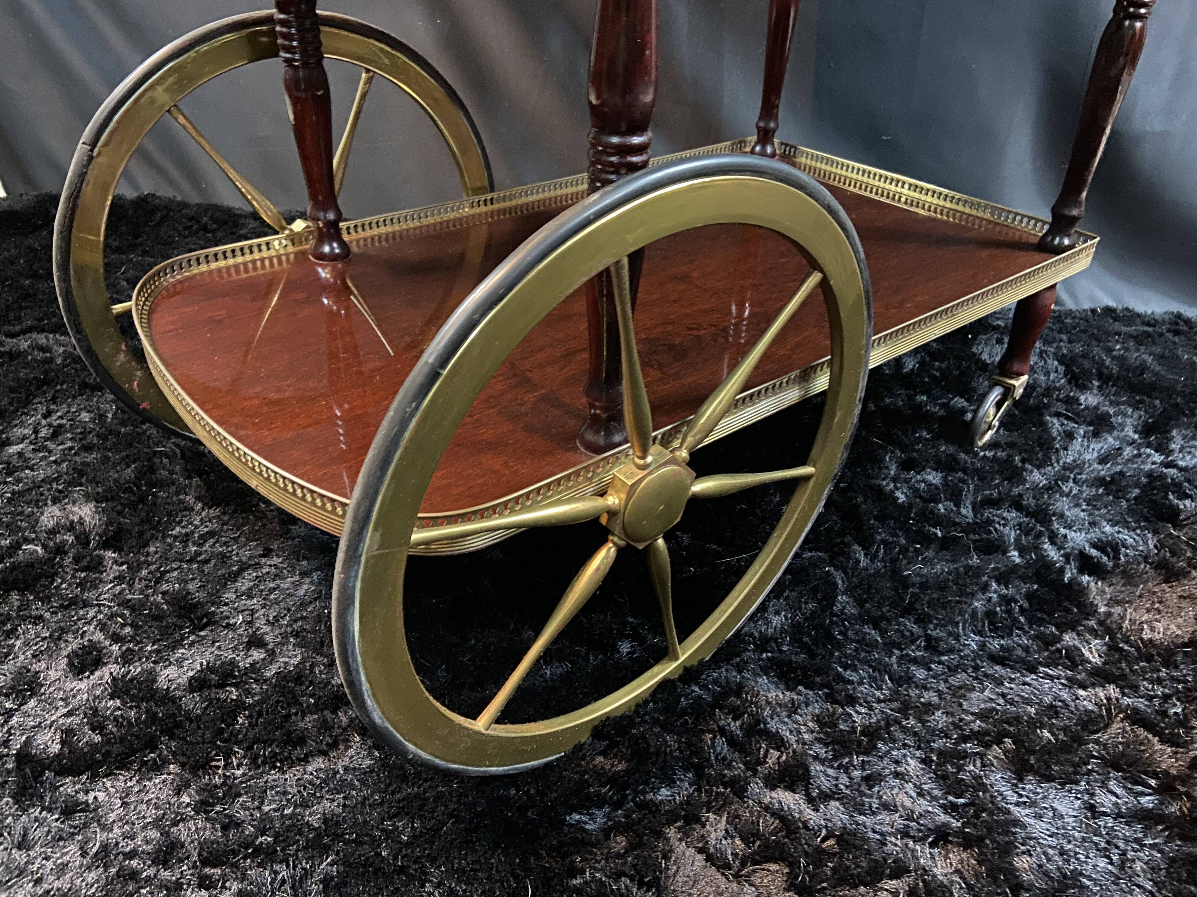 Rolling bar cart, bar trolley, bar rolling in varnished mahogany and brass