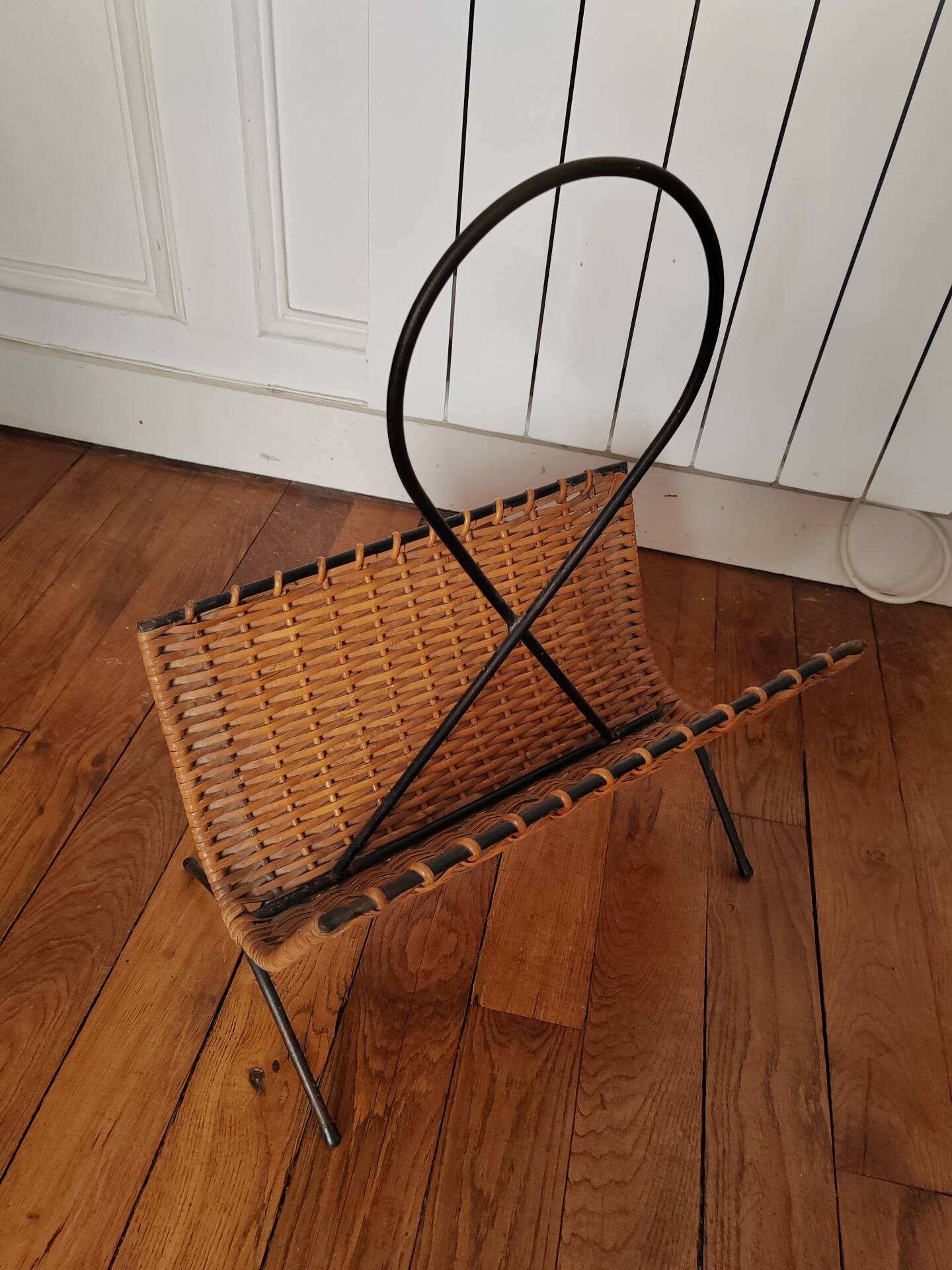 Metal and rattan magazine rack