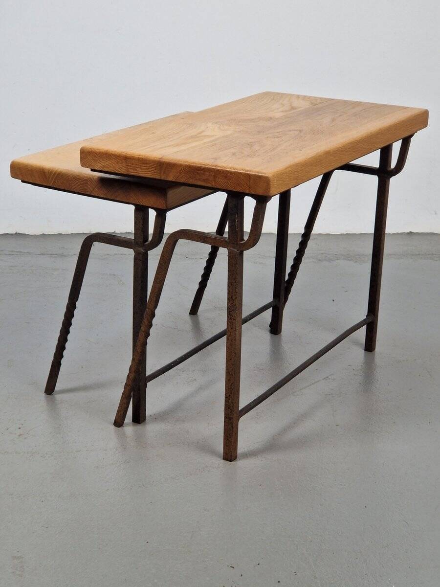 Brutalist Cast Iron and Oak Nesting Tables, 1970s, Set of 2