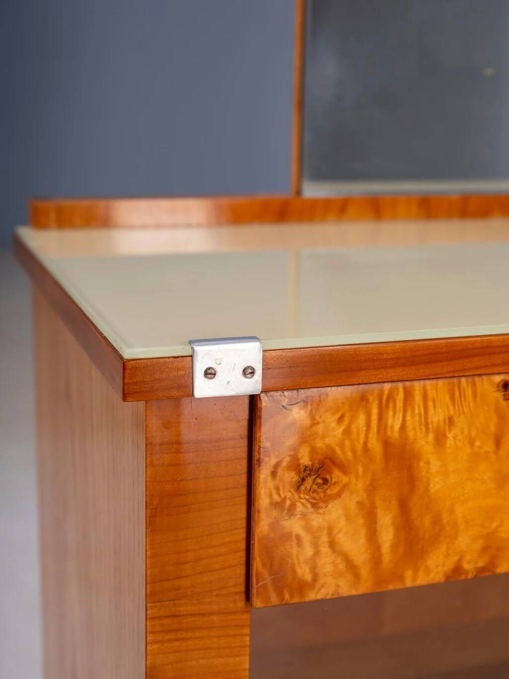 Vintage dressing table with burl veneer, large mirror and storage cabinets