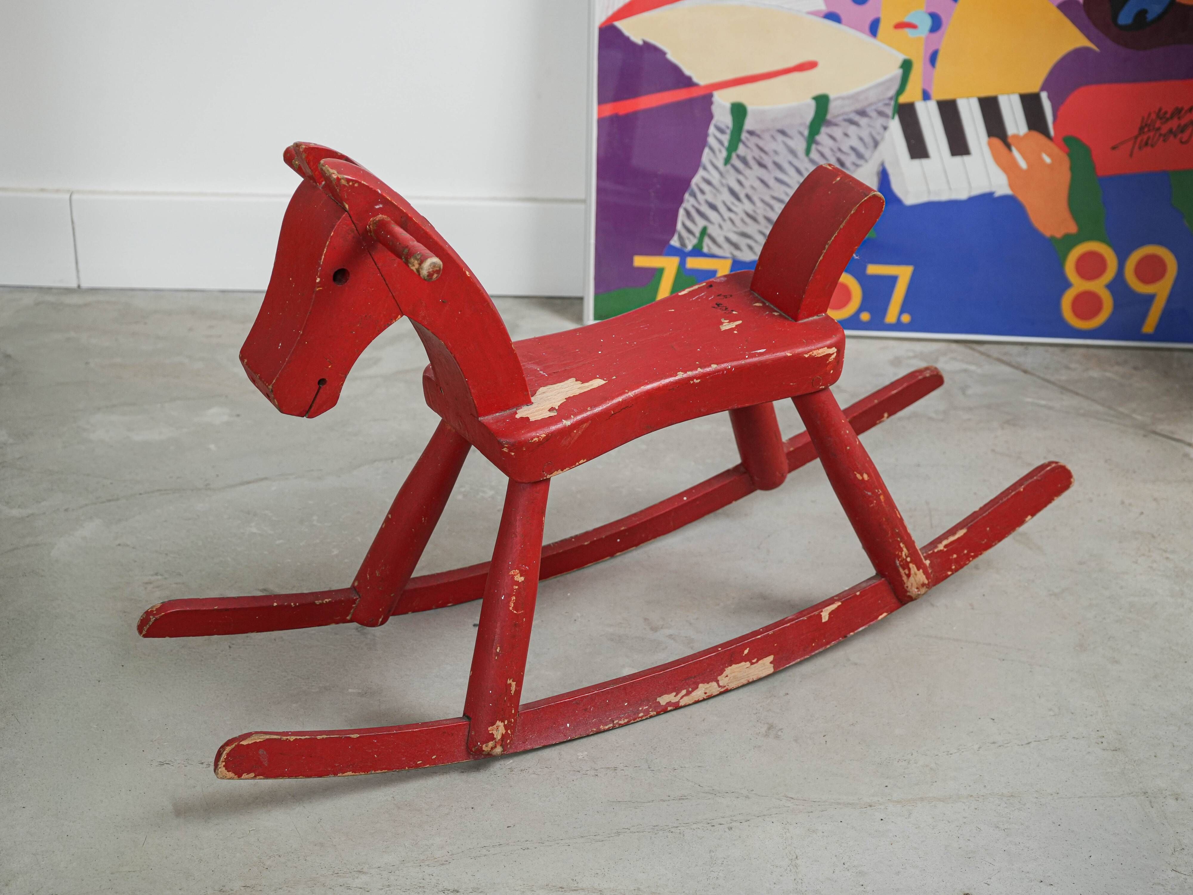 Kay Bojesen wooden rocking horse, red finish, Danish design, 1970s
