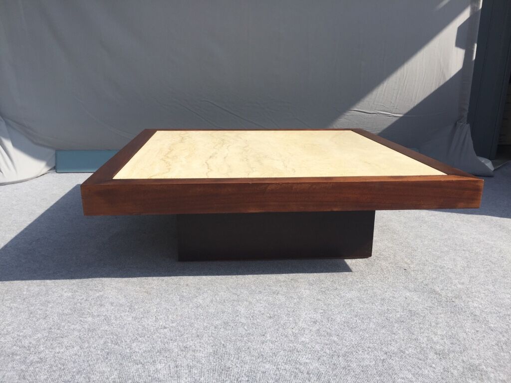 Coffee table year 70 wood and travertine