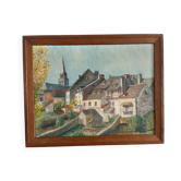 Painting on wood of a countryside village, Creuse