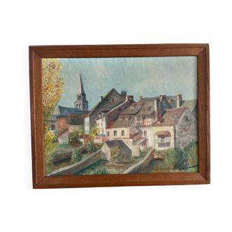 Painting on wood of a countryside village, Creuse