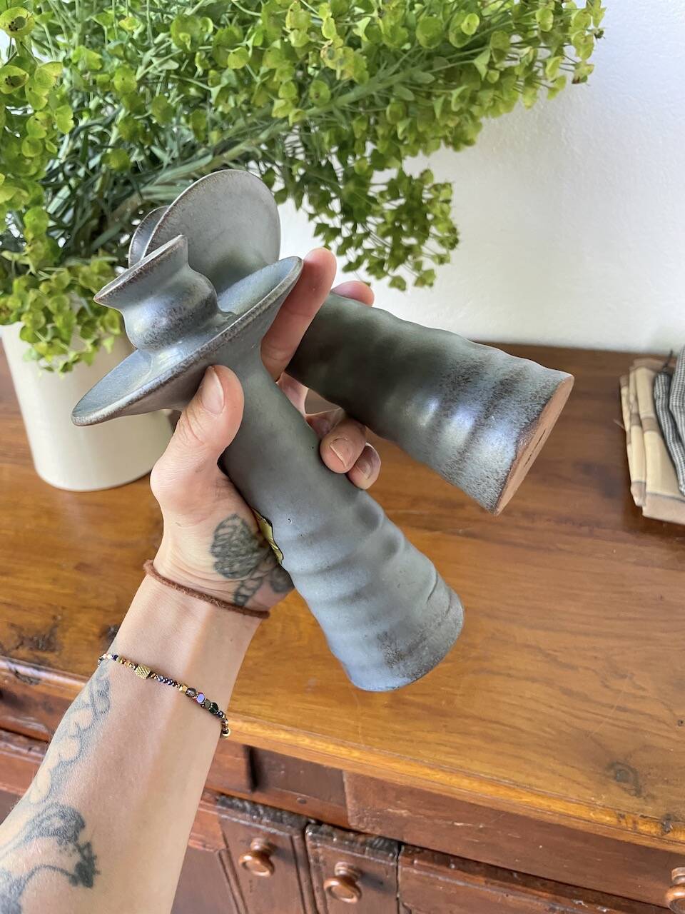 Pair of gray stoneware candlesticks