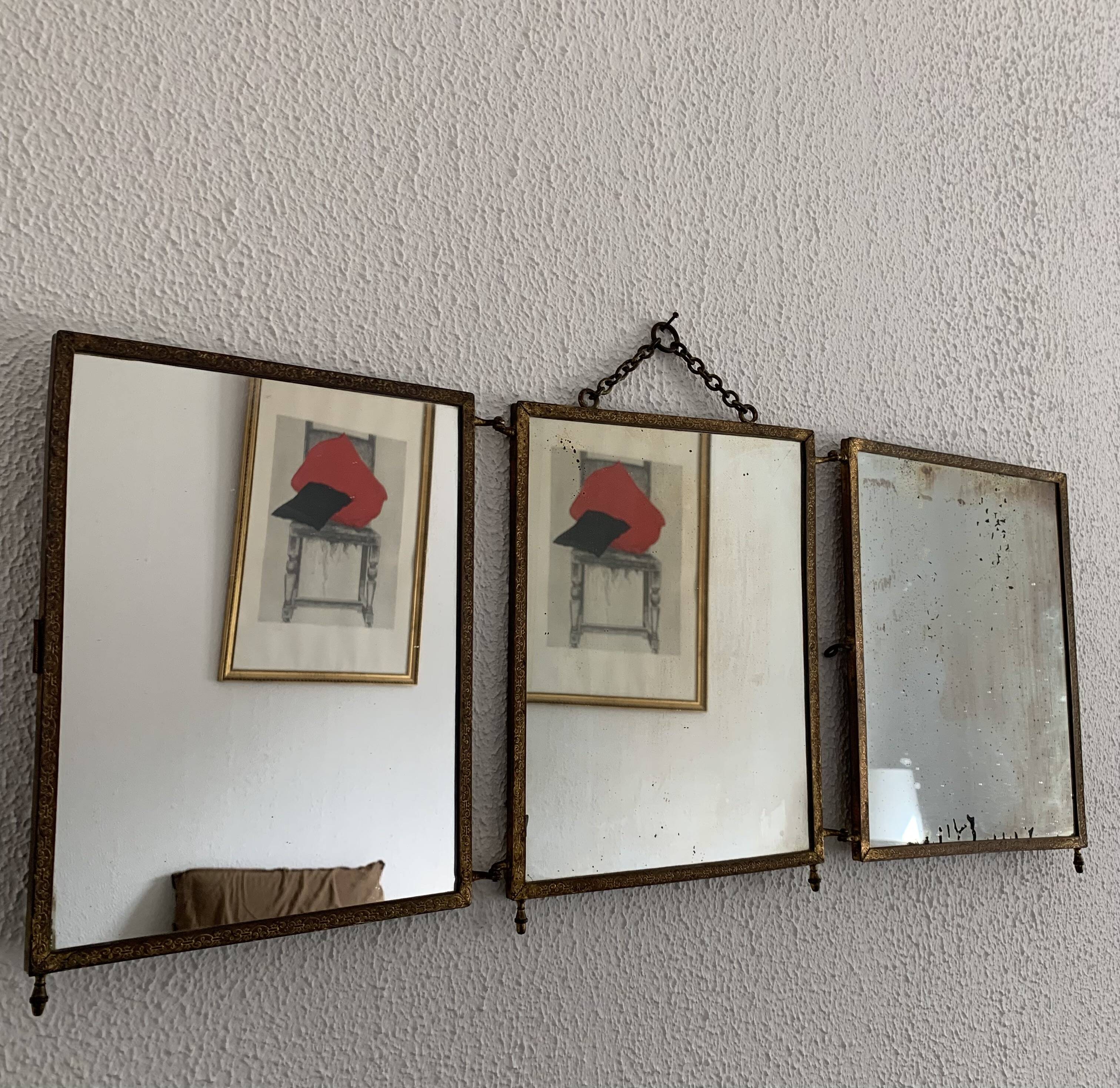 Vintage mirror 1900 barber triptych brass and wood - 29 x 70 cm