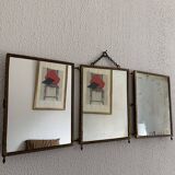 Vintage mirror 1900 barber triptych brass and wood - 29 x 70 cm