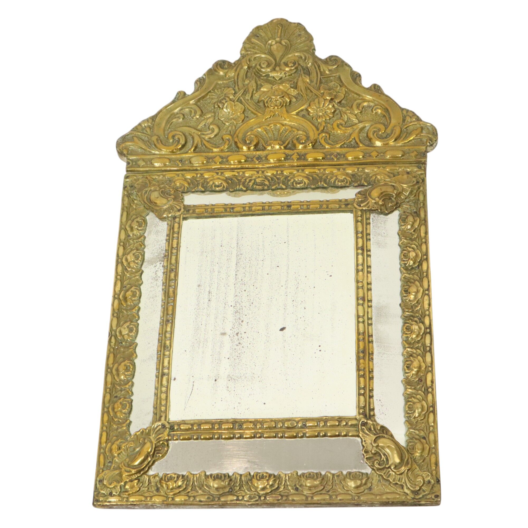 Ancien miroir à coussin repoussé facetté France