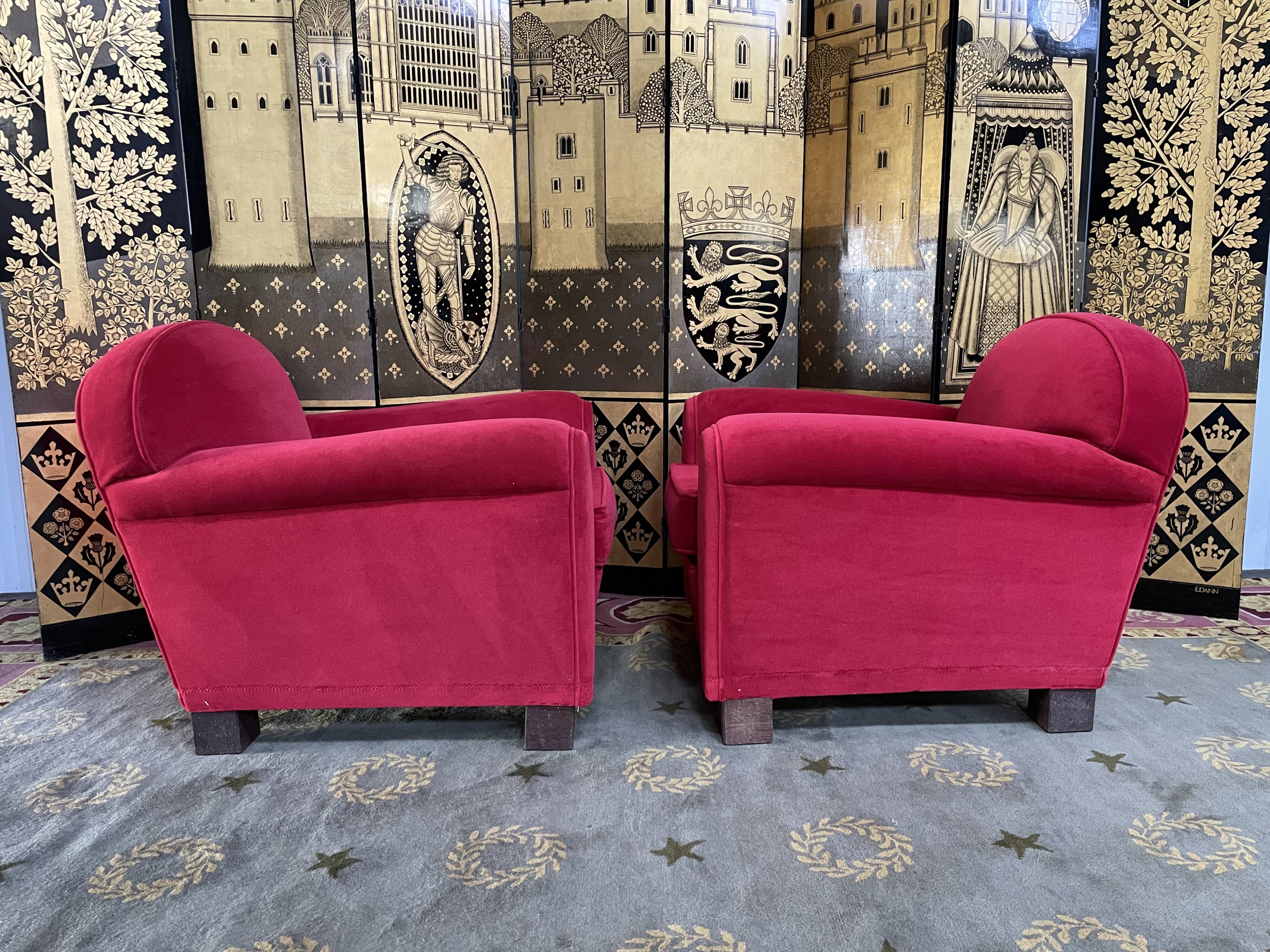 Pair of Red Velvet Art Deco Club Armchairs