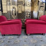 Pair of Red Velvet Art Deco Club Armchairs
