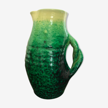 Accolay ceramic pitcher green and yellow speckled with twisted handles, 60s
