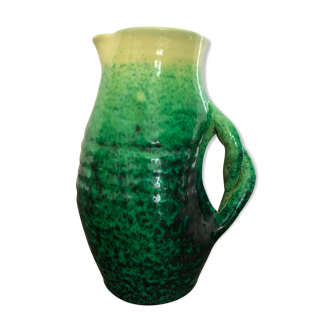 Accolay ceramic pitcher green and yellow speckled with twisted handles, 60s
