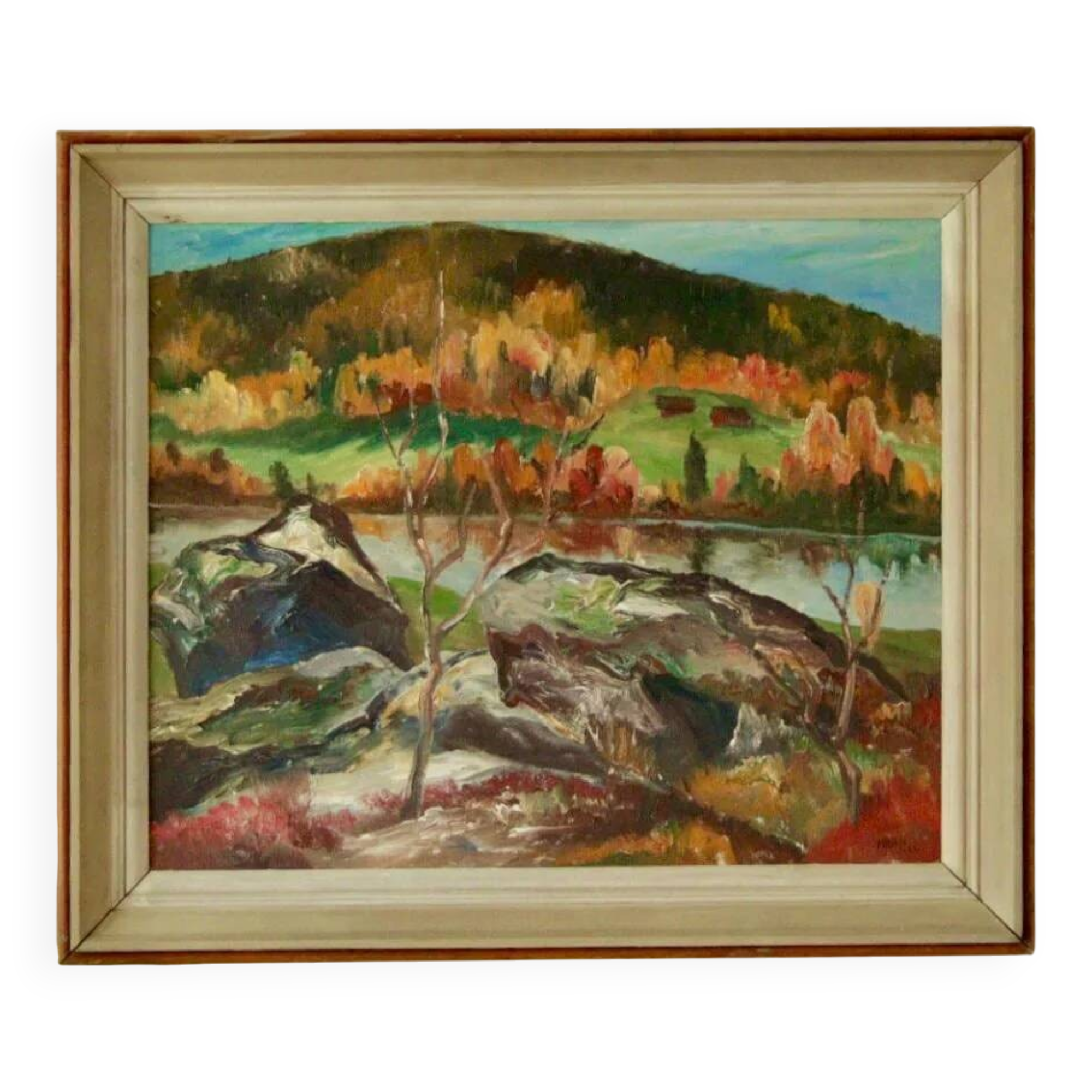 Original mid-century oil painting on Swedish canvas "Autumn Day Järvsö"