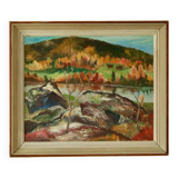 Original mid-century oil painting on Swedish canvas "Autumn Day Järvsö"