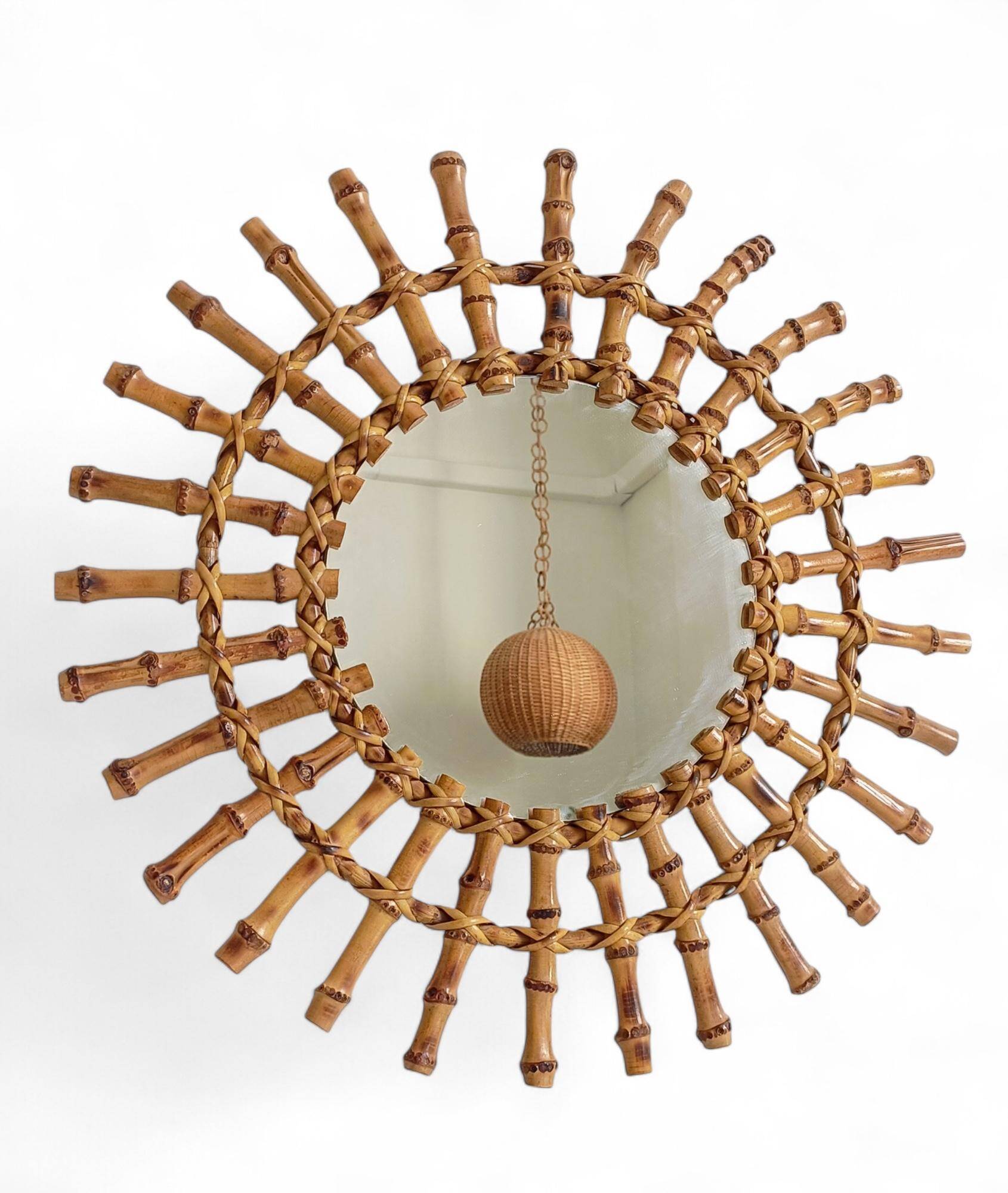 Midcentury Sunburst Mirror, Bamboo & Rattan, Handmade in France, 1950s