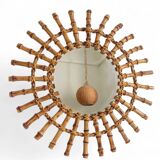 Midcentury Sunburst Mirror, Bamboo & Rattan, Handmade in France, 1950s