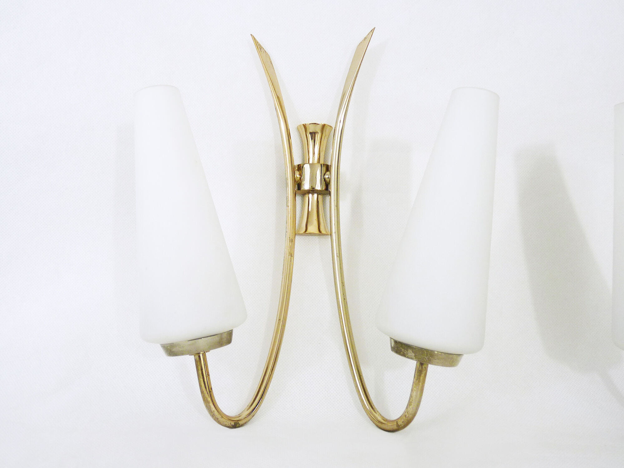 Pair of brass wall sconces and double tube in white opaline 1960