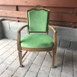 Fauteuil ancien français vert en tissu, cadre bois sculpté, style 1890-1919