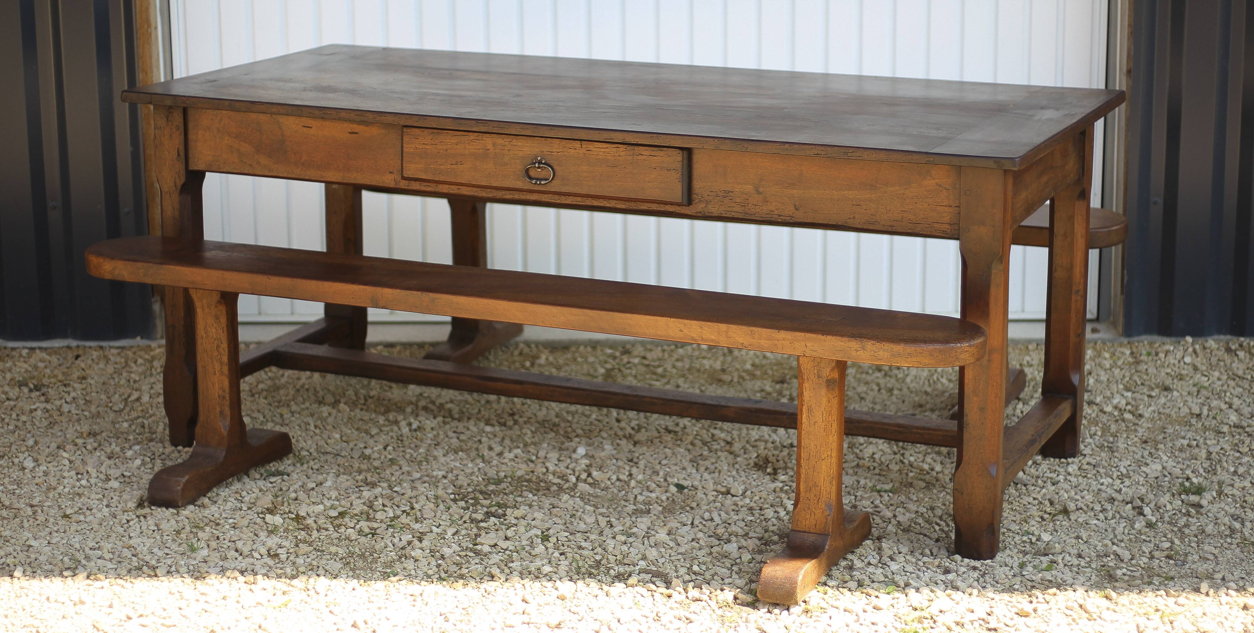 Farmhouse table and two benches, antique wooden farmhouse table, living room furniture, country style, chalet style, decor