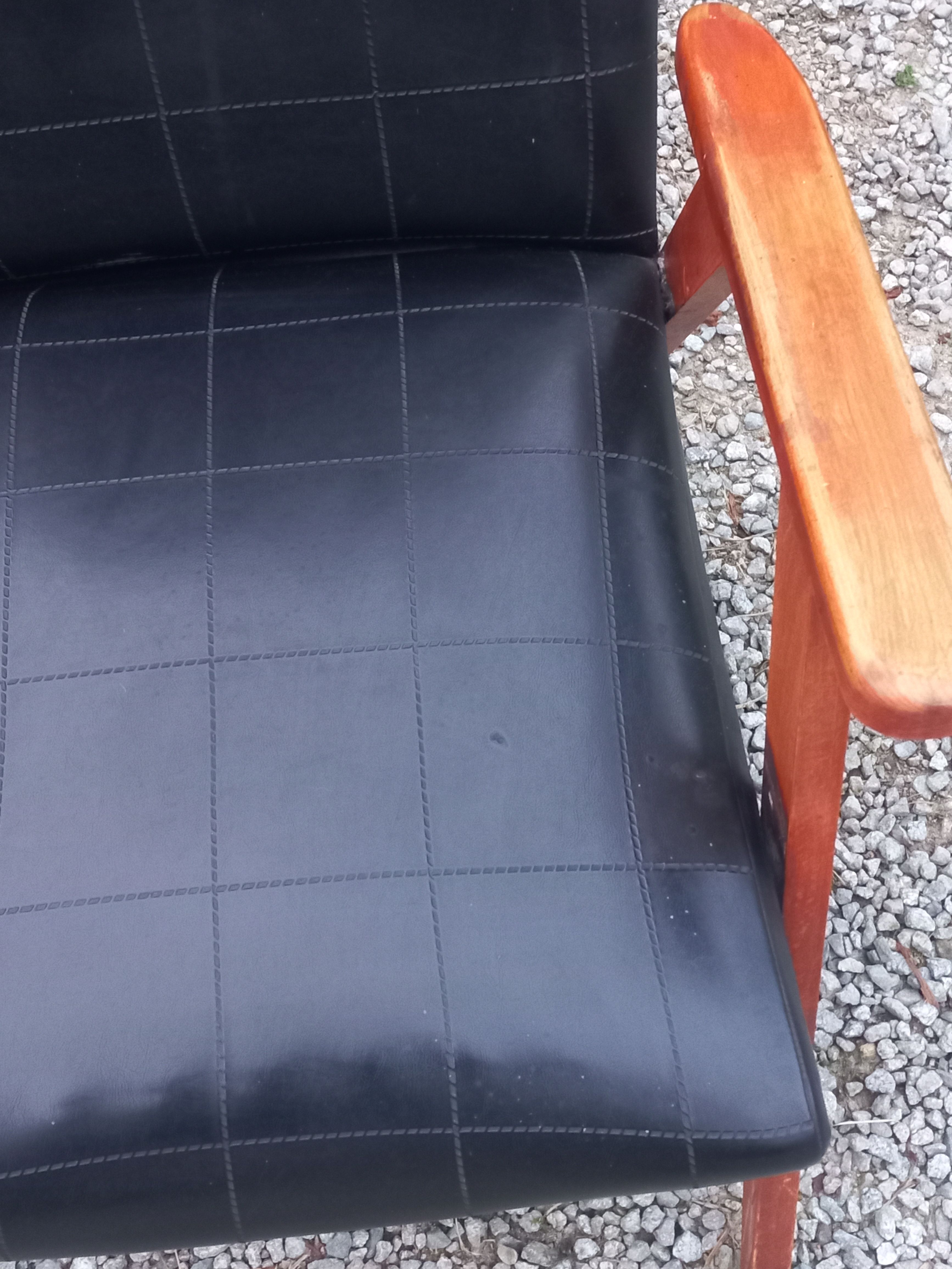 Pair of vintage beech armchairs feet compass covered with black moleskine from the 50s