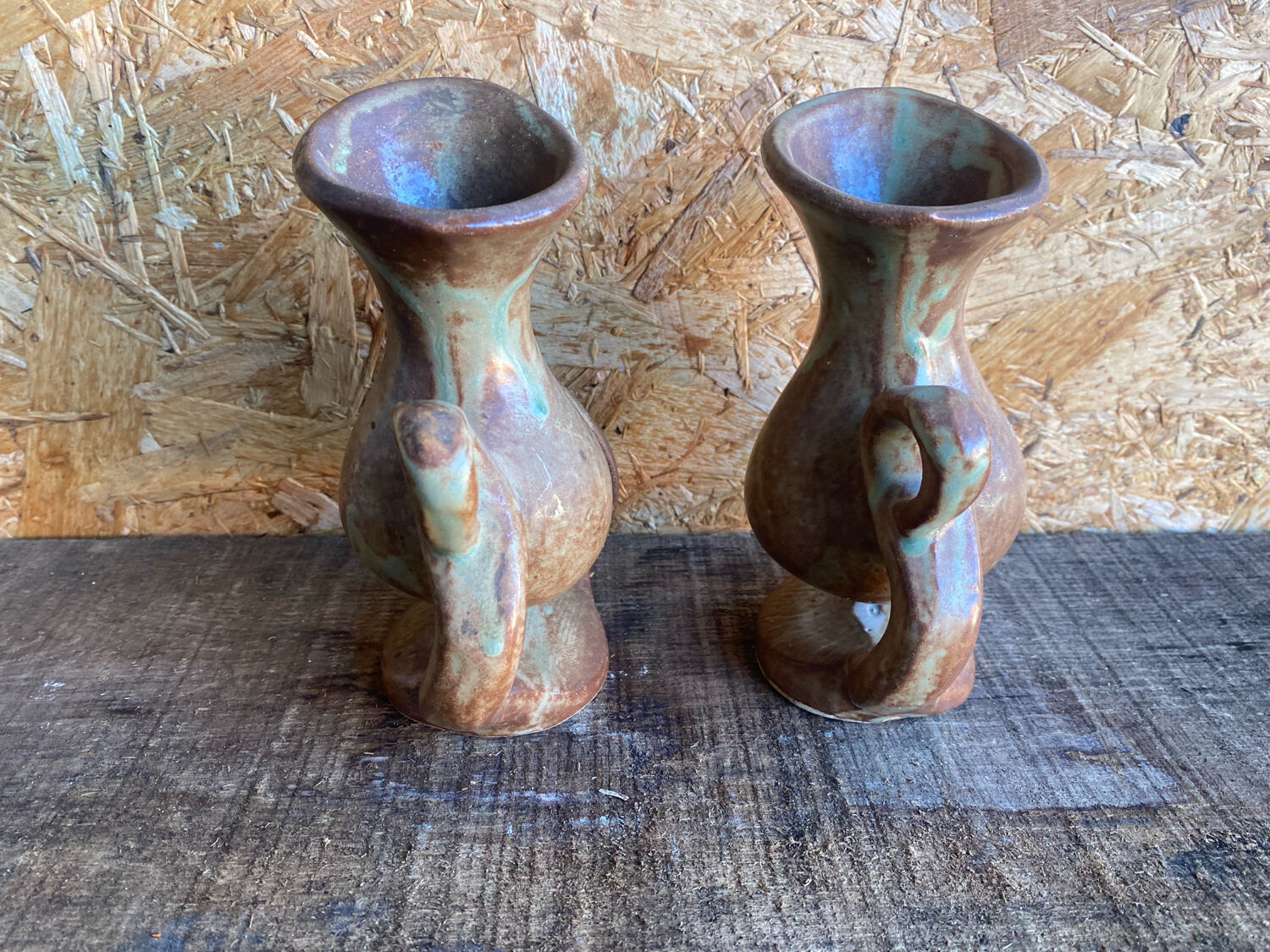 Pair of Beige Ceramic Soliflore Vases Vintage France #D889